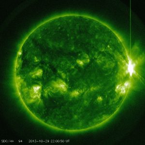 X2.3 Solar Flare X2.3 flare! AR11875 on the west limb let out a big one. An X2.3 peaked at 21:54 in GOES X-ray. Here is a snapshot of the flare captured in SDO/AIA 94 angstrom. credit: NASA/SDO