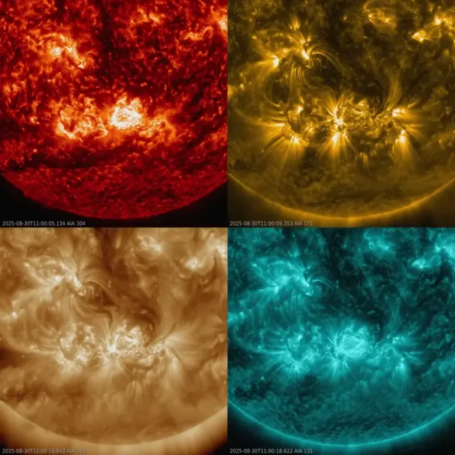 Sun news for August 30-31, 2025. Active regions AR4197, AR4201 and AR4202 are the center of solar flare activity including the M2.8 flare and corresponding halo coronal mass ejection (CME). The region is displayed here in the four SDO wavelength channels, 304, 171, 193, and 131 angstroms. Images via JHelioviewer and NASA/SDO.