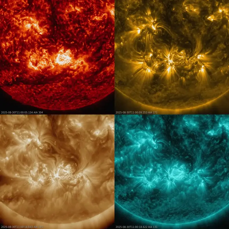 Sun news for August 30-31, 2025. Active regions AR4197, AR4201 and AR4202 are the center of solar flare activity including the M2.8 flare and corresponding halo coronal mass ejection (CME). The region is displayed here in the four SDO wavelength channels, 304, 171, 193, and 131 angstroms. Images via JHelioviewer and NASA/SDO.