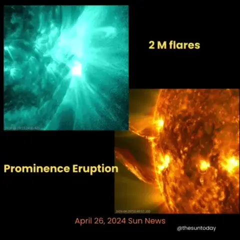 Two M flares from the active region complex in the southwest were only enough for moderate activity, a decrease from yesterday. This prolific group will soon rotate out of view. Images via SDO and GOES-16.